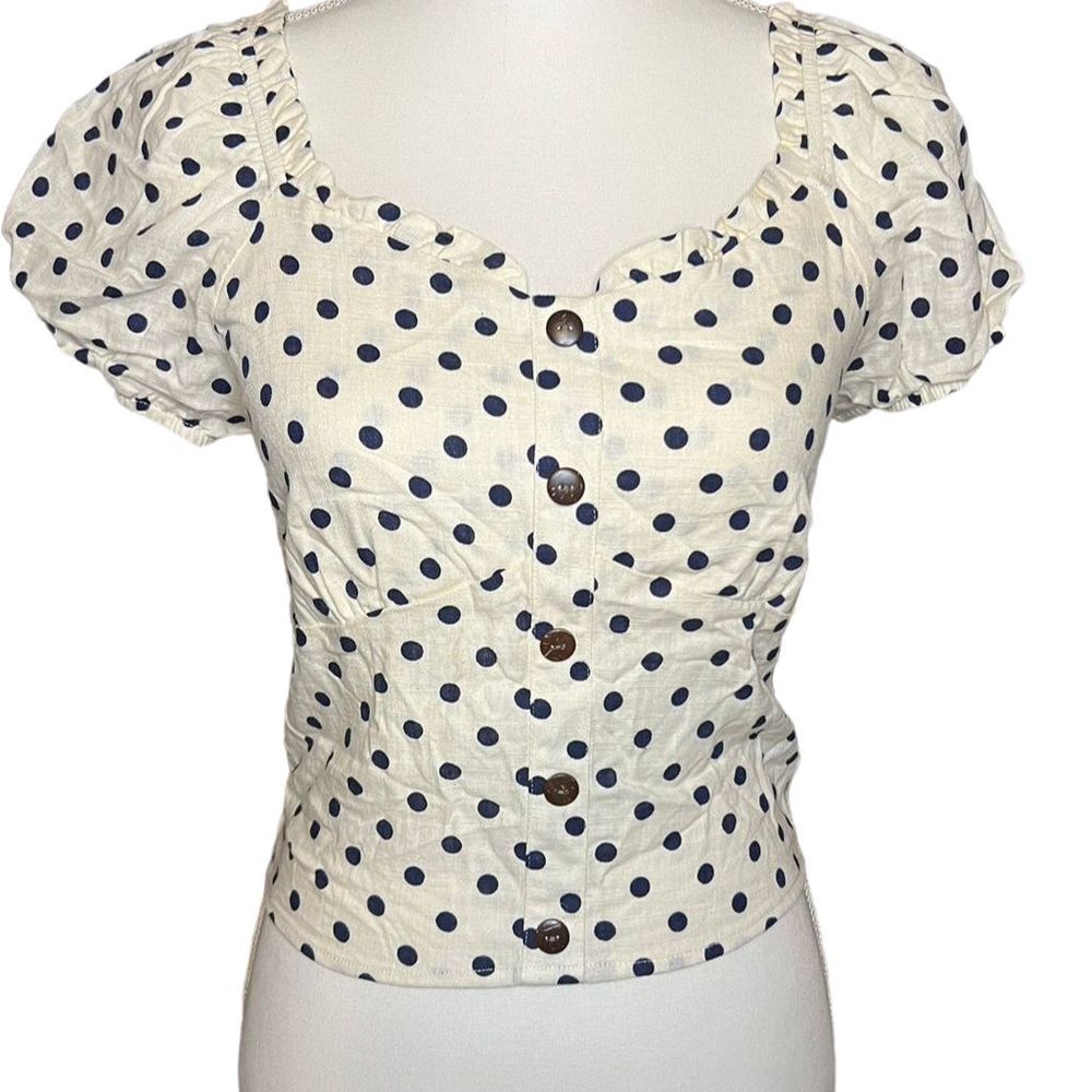 Monteau Women's M Blue Polka Dot Crop Top Blouse Short Sleeve V-Neck